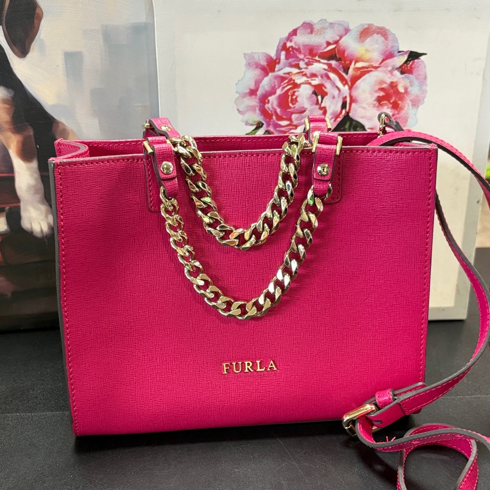 Furla Hot Pink Saffiano Leather Tote with Gold Chain
